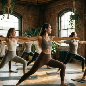 Estudiantes de la formación profesional de yoga en Barcelona realizando la postura de manos elevadas (Urdhva Hastasana) durante el saludo al sol en un estudio con techos de madera y luz natural.