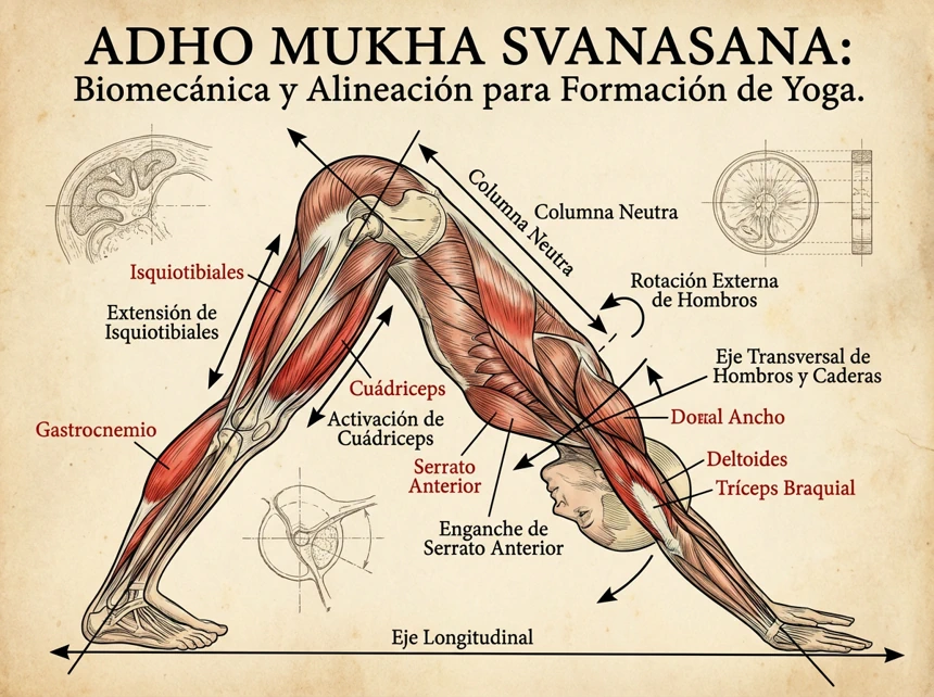 Alineación de piernas y pies en Adho Mukha Svanasana, con énfasis en la activación de cuádriceps y la rotación de pelvis para una columna neutra.