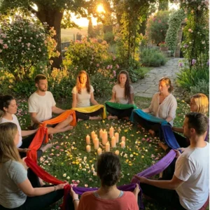 Círculo de meditación en jardín con velas y mantas coloridas al atardecer - formacionyoga200h, escuela Yoga Alliance registrada en Barcelona