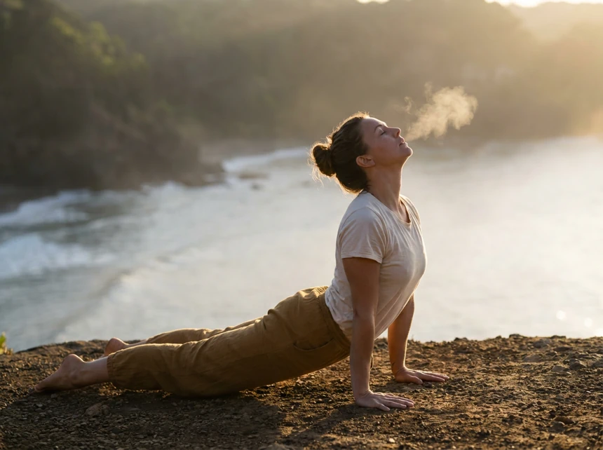 Primer plano de practicante realizando respiración Ujjayi con la boca cerrada, mostrando la técnica de respiración oceánica en Vinyasa yoga.