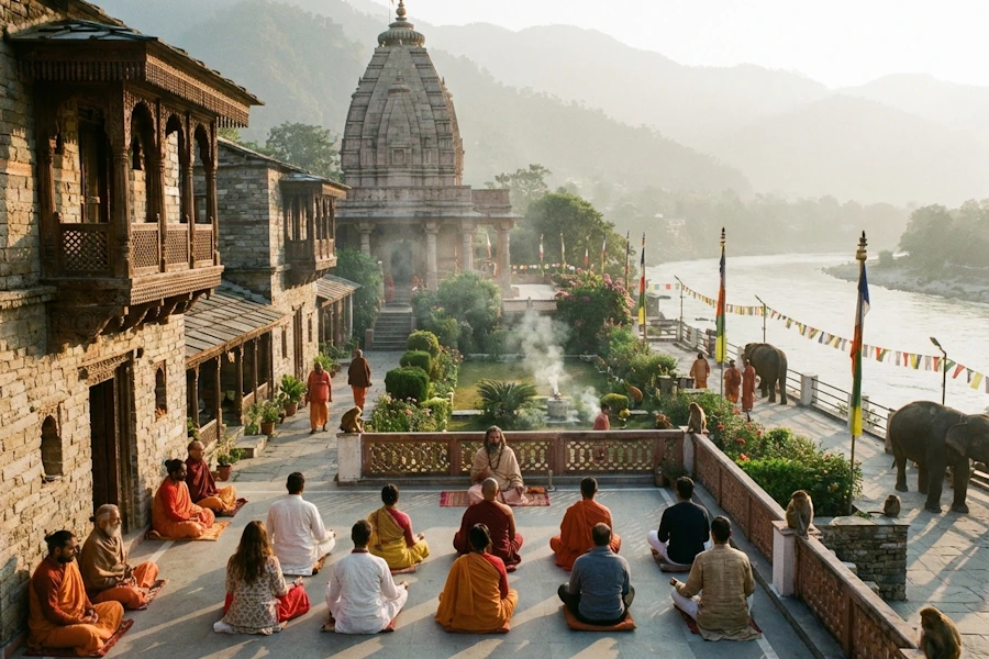 grupo de personas meditando en postura de loto frente a un templo junto al rio ganges en varanasi con montañas elefantes banderas y arquitectura tradicional para la formacion yoga 200h formacionyoga200h