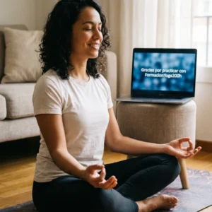 Mujer sonriente meditando en posición de loto tras una clase online de yoga con FormacionYoga200h, laptop mostrando mensaje de agradecimiento — práctica accesible, certificada por Yoga Alliance