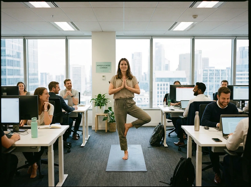 Hombre meditando con los ojos cerrados en un entorno urbano, aplicando la presencia del yoga en la vida cotidiana.