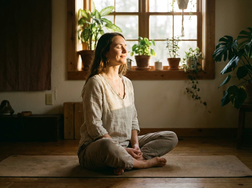 Practicante de yoga en estado de calma y relajación profunda tras una sesión de respiración Ujjayi, reflejando los beneficios del Pranayama.