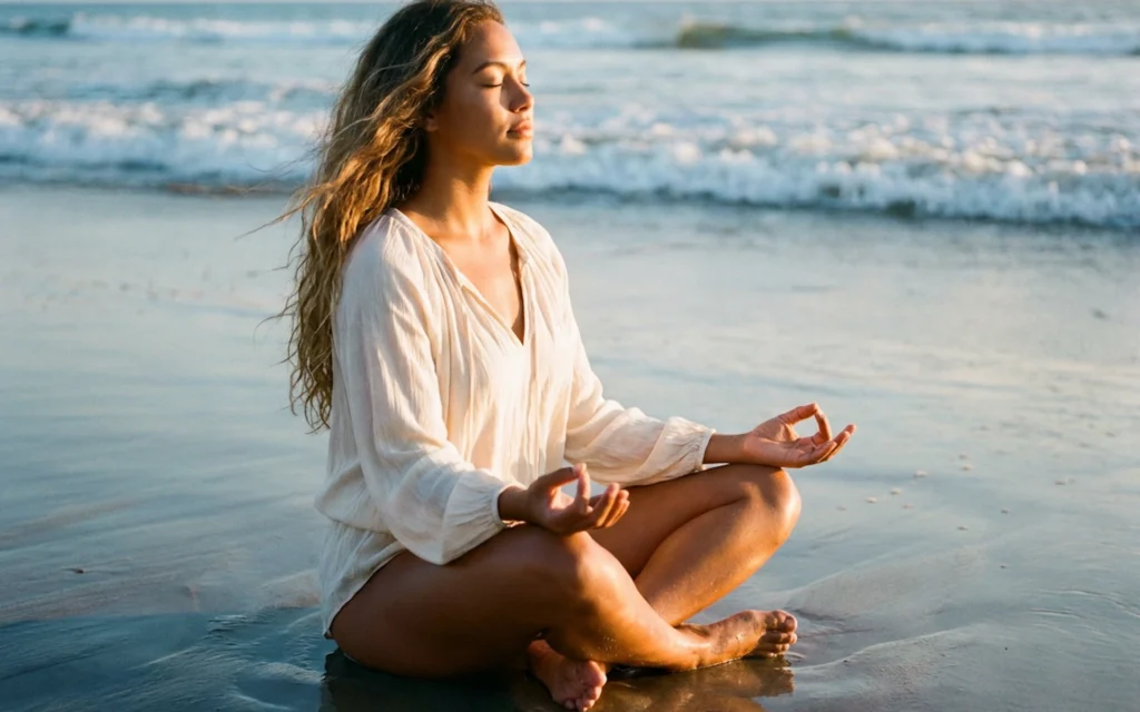 Mujer joven meditando en la playa al atardecer practicando respiración Ujjayi, con el cabello al viento y las olas del mar al fondo, reflejando la calma de la respiración oceánica.