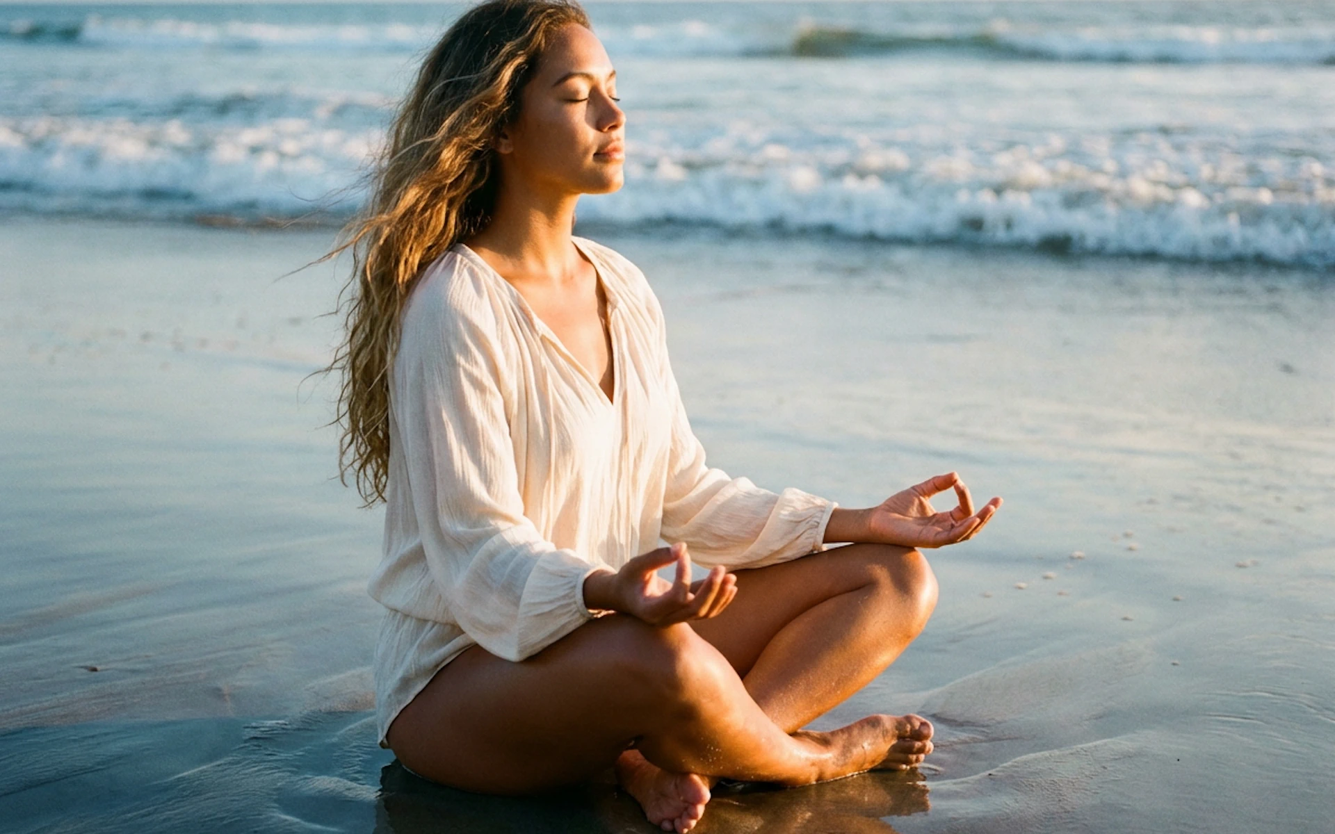Mujer joven meditando en la playa al atardecer practicando respiración Ujjayi, con el cabello al viento y las olas del mar al fondo, reflejando la calma de la respiración oceánica.
