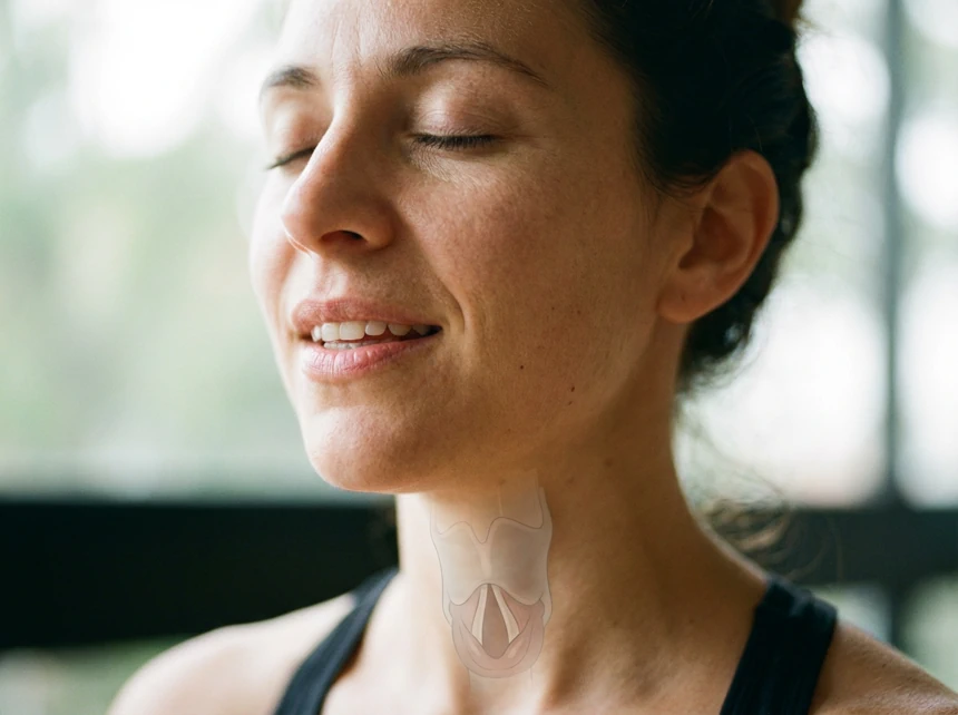Primer plano de la técnica de respiración Ujjayi mostrando la constricción de la glotis y la postura facial relajada.