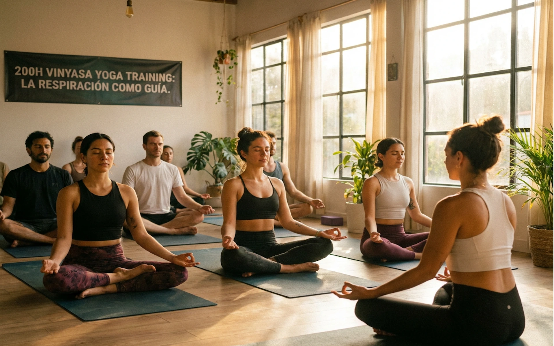 respiración en vinyasa yoga: clase de yoga con practicante sentado en loto iniciando la práctica con respiración consciente